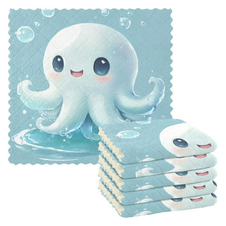 

6 Pieces of Kitchen Towels 11x11Inch Kitchen Dish Cloths Kitchen Dish Towels Reuseable Cleaning Cloths Cartoon Blue Jellyfish