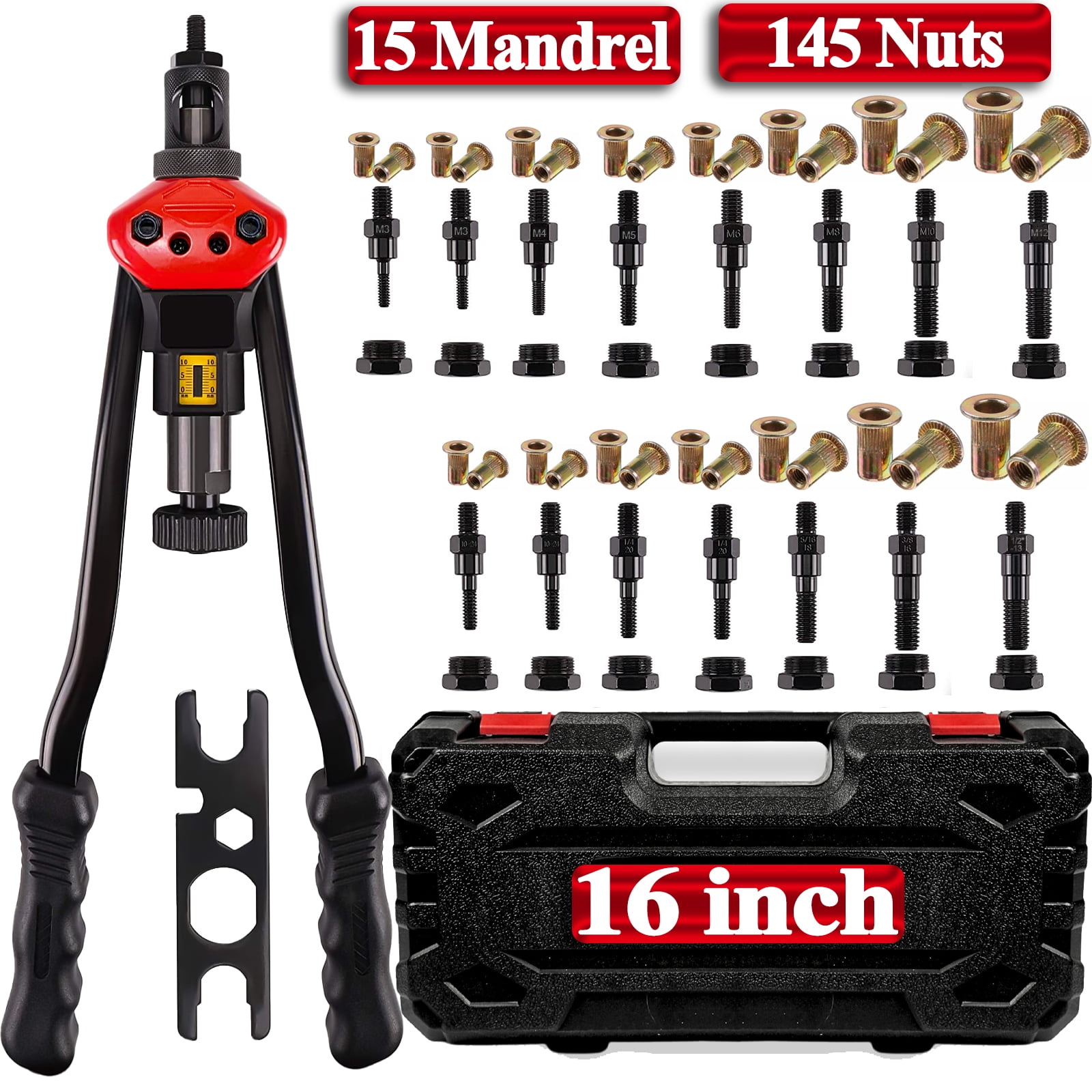 iMeshbean Rivet Nut Tool 16" Rivnut Tool Kit 15 PCS Metric &SAE Mandrels & 145PC Rivet Nut