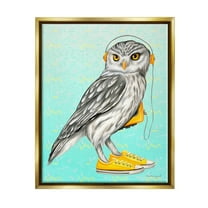 Stupell Industries Owl Wearing Yellow Sneakers Headphones Retro Pattern Graphic Art Metallic Gold Floating Framed Canvas Print Wall Art, Design by Amelie Legault