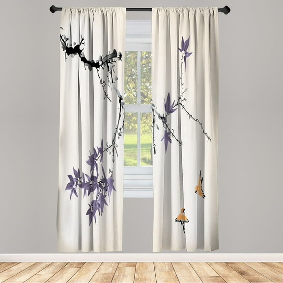 Ambesonne Japanese Curtains, Coral Hues Cherry Blossoms, Pair of 28"x95", Purple Grey