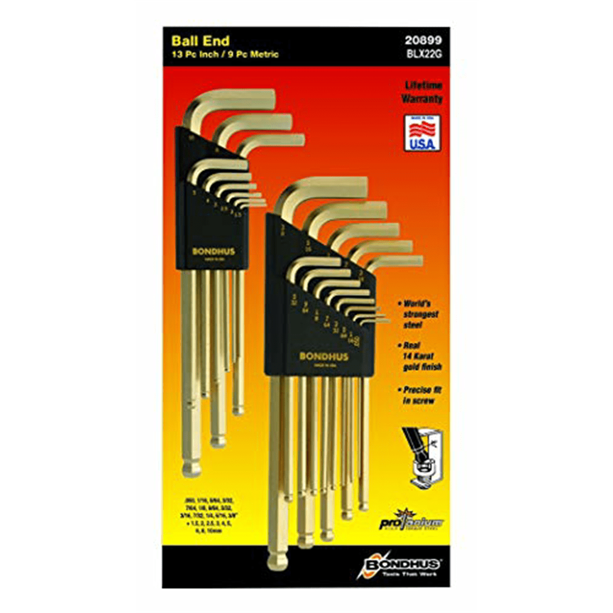 Bondhus 20899 13 Piece Fractional & 9 Piece Metric Hex Ball End Wrench Set