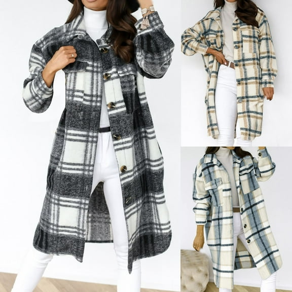 Dazajoo Women's 2024 Plus Size Plaid Flannel Shacket Loose Fit Long Shirts Jacket Tartan Boyfriend Oversized Coat with Pockets Winter Long Sleeve Button Down Overcoat for Women,Brown,M