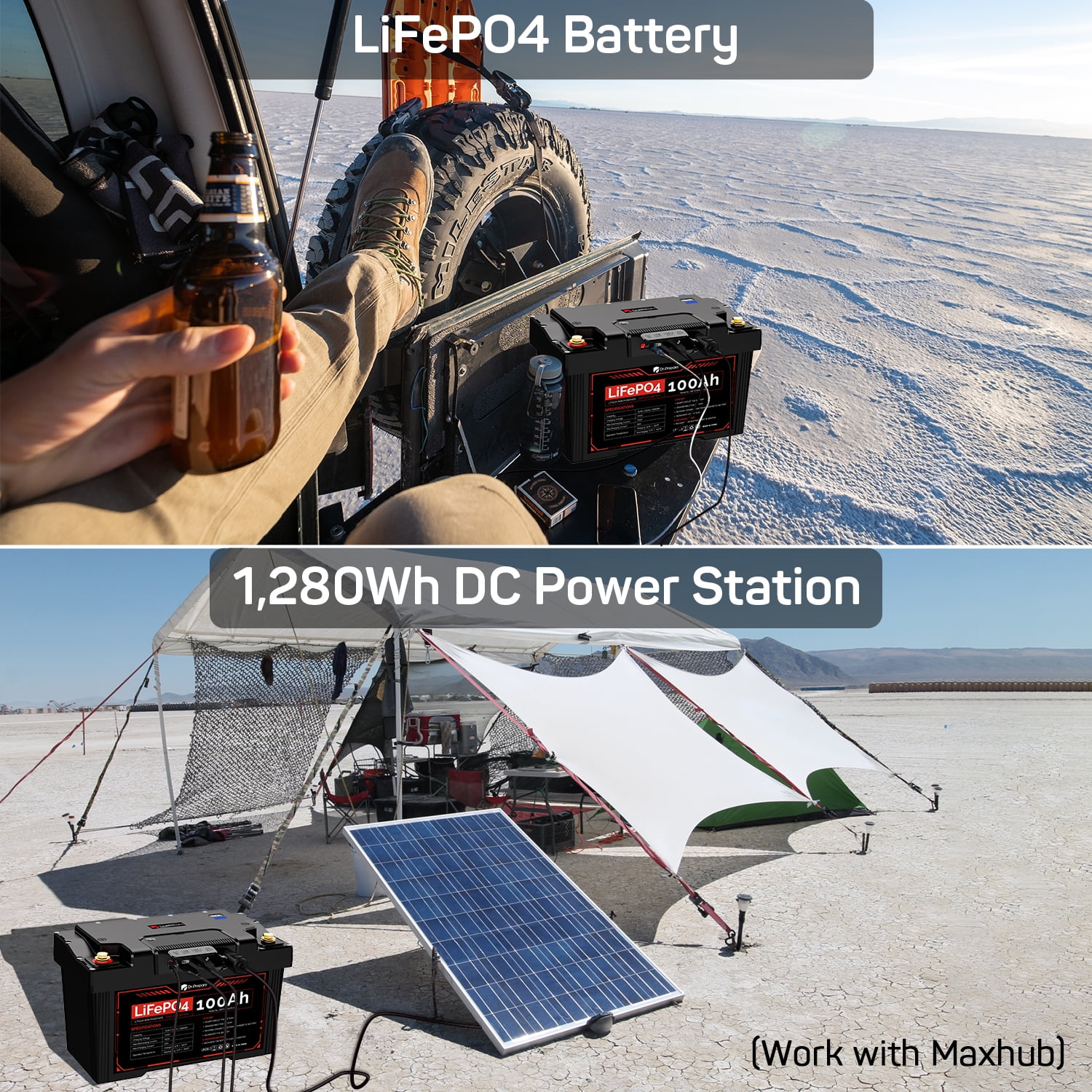 Dr. Prepare 12V 100Ah LiFePO4 Battery with Hub, 1280Wh Portable Power  Station Solar Powered Generator, Battery Backup Power Supply for Home,  CPAP, Outdoor RV, Off Grid Applications, POWERMAX 