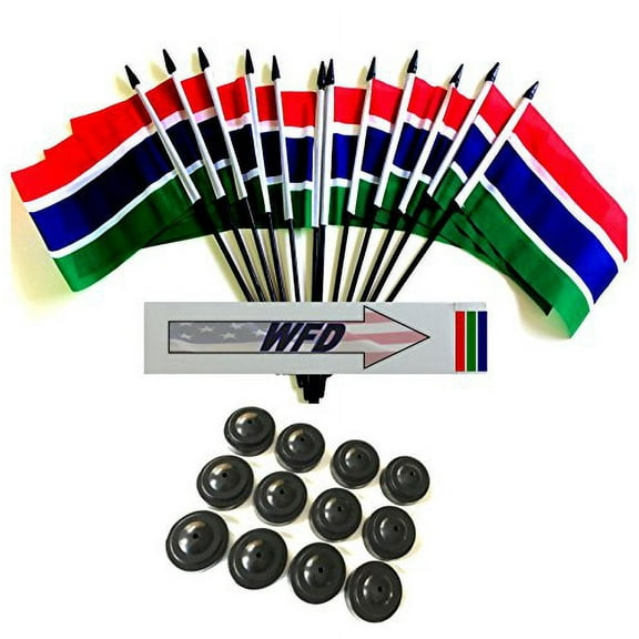 Pack of 12 4"x6" Gambia Polyester Miniature Office Desk & Little Table Flags, 1 Dozen 4"x 6" Gambian Small Mini Handheld Waving Stick Flags with 12 Flag Bases (Flags with Stands)