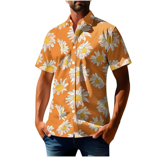Txeol Men's Tropical Short - Sleeve Hawaiian Shirt - Button - Down, Stretchable Fabric, Palm Tree Prints Limited Time Deal,Orange,M