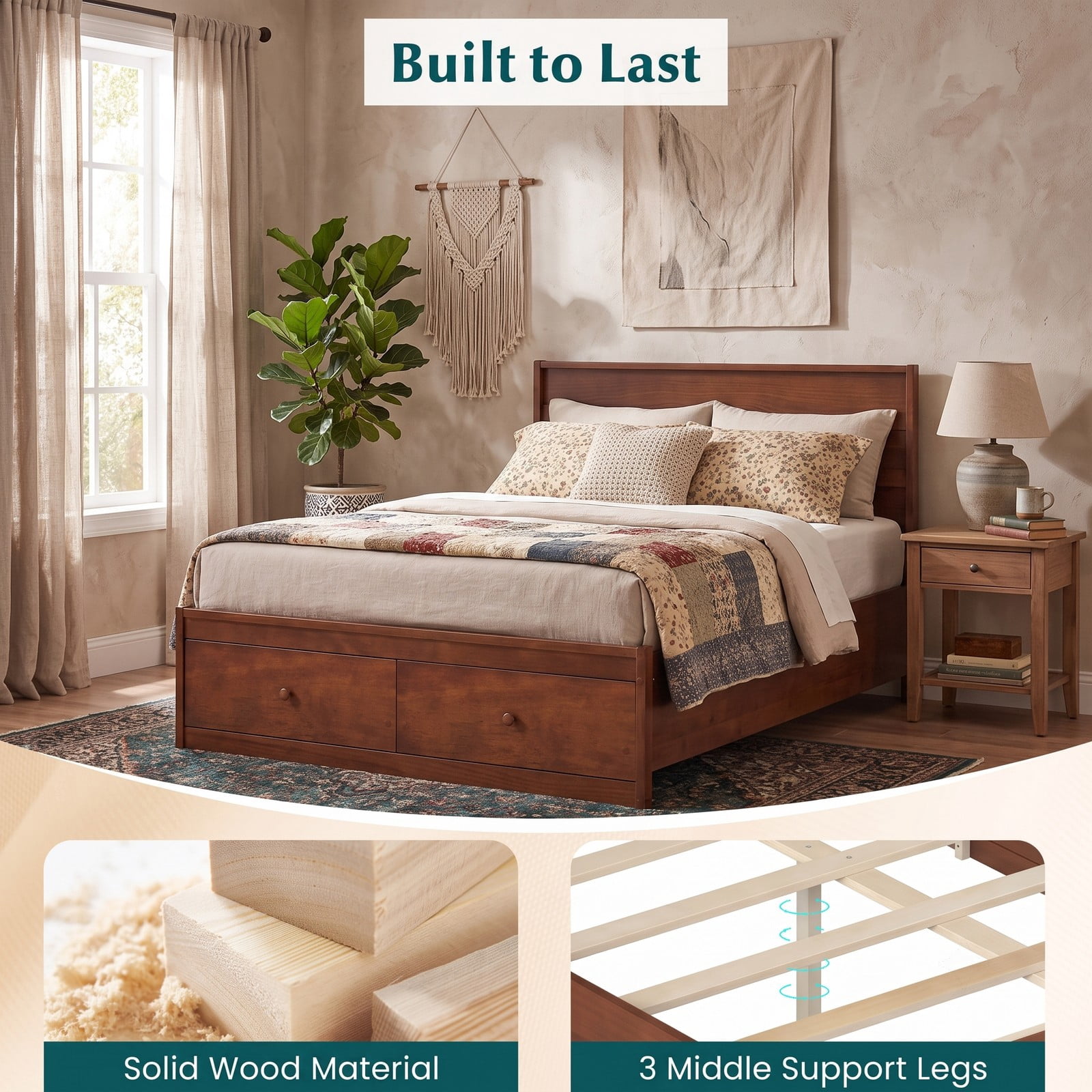 Furnibear Full Size Bed Frame with Storage, Wooden Platform Bed with Plank Headboard and 2 Storage Drawers, Walnut
