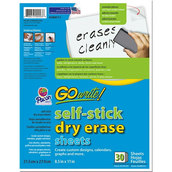 Dry Erase Sheets, Self-Adhesive, White, 8-1/2" X 11", 30 Sheets