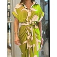 thumbnail image 3 of Women Button Down Ruched Shirt Dress Short Sleeve Lapel V Neck Elegant Party Maxi Floral Dress with Belt Yellow L, 3 of 4