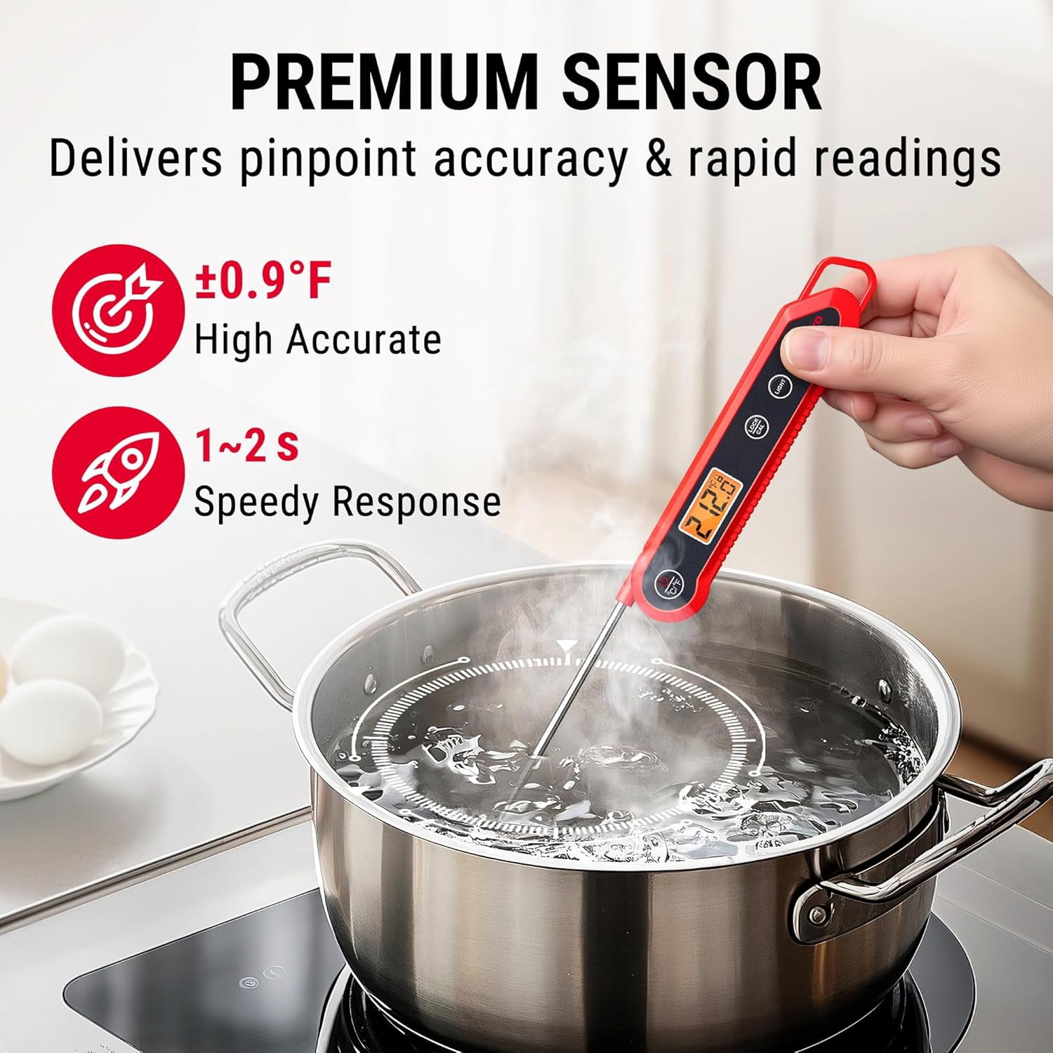 1-2 Sec Instant Read Digital Meat Thermometer, ±0.9°F Accuracy, Waterproof & Backlight Food Thermometer for Cooking, Oil Fry Candy Meat Probe for Kitchen, BBQ, Oven, Grill, Smoker