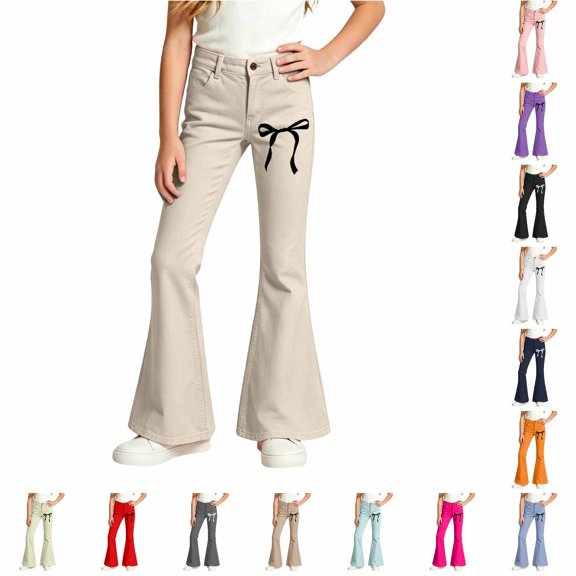 WERYOUNG School Uniform For Girls Elastic Waist Bow Graphic Flared Leg Trousers Kids Slim Fit Back To School Pants 5-6 Years