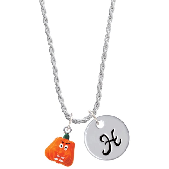 Delight Jewelry Resin Funny Boo! Pumpkin Silvertone Script Initial Disc - H - Charm Necklace, 20"+3"