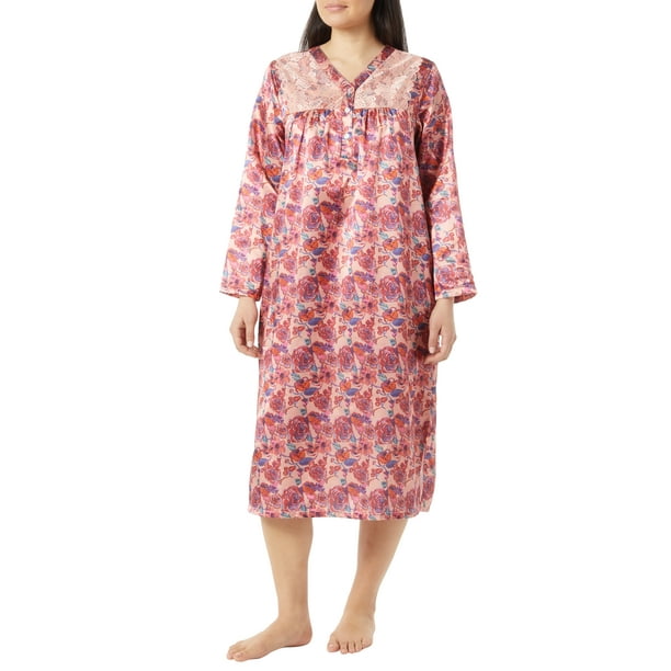 AmeriMark Long Sleeve Nightgown Women's Satin Nightgown Blush Floral