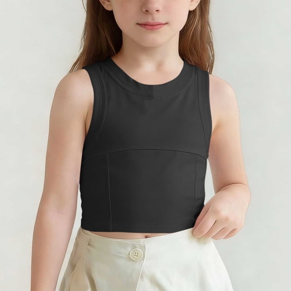 Boys Girls Tank Top Kids Plain Crew Neck Vest Tops Teen Summer Casual Sleeveless T Shirt Leisure Loose Fit Workout Sports Tee Black 12-13 Years