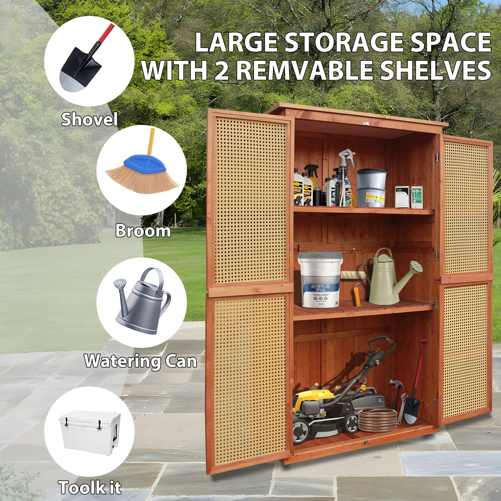 60.6" Storage Cabinet, Wooden Garden Shed with Rattan Doors & Waterproof Roof for Garden, Lawn, Patio - Brown