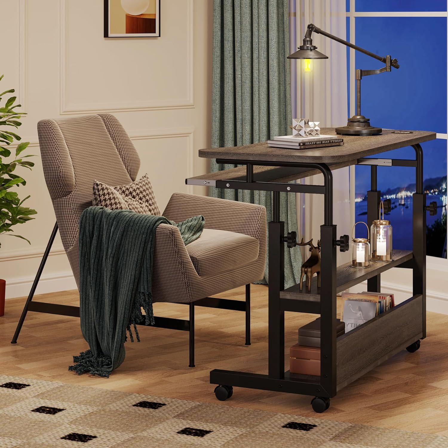 Tribesigns Mobile Computer Desk, Portable Adjustable Height Desk with Power Outlets and Storage Shelves for Home Office, Gray