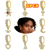 8pcs Dangle Nose Rings Hoop for Women, CZ Flower Leaf Star Butterfly Septum Nose Piercing Jewelry Set