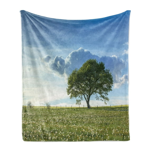 Tree Soft Flannel Fleece Throw Blanket, Tree on a Wide Dandelion Flower Field Fluffy Clouds Summer Getaway Meadow Picture, Cozy Plush for Indoor and Outdoor Use, 70" x 90", Green Blue, by Ambesonne