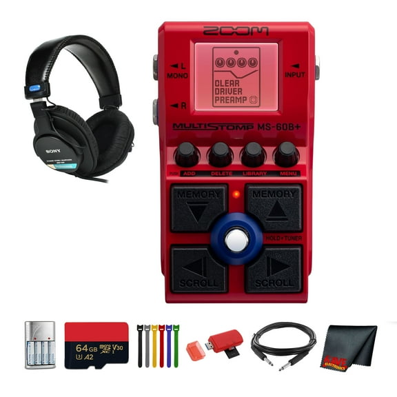 Zoom MS-60B  MultiStomp Multi-FX Bass Pedal Bundle With MDR-7506 Professional Stereo Headphones   Cleaning Cloth   4x AA Batteries   Charger   Balanced Interconnect 1/4 inch TRS to Same Cable