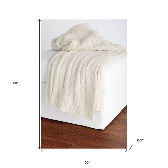 HomeRoots 518769 Ivory Knitted 100 Percent Cotton Throw Blanket