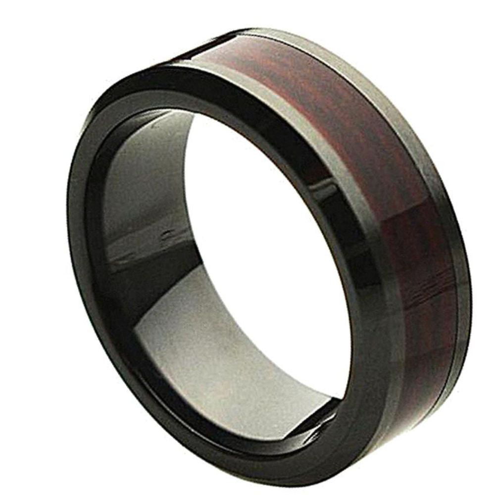 8mm Mens Or Ladies Black Ceramic Dome with Burgundy Wood Inlay Wedding Band Ring 