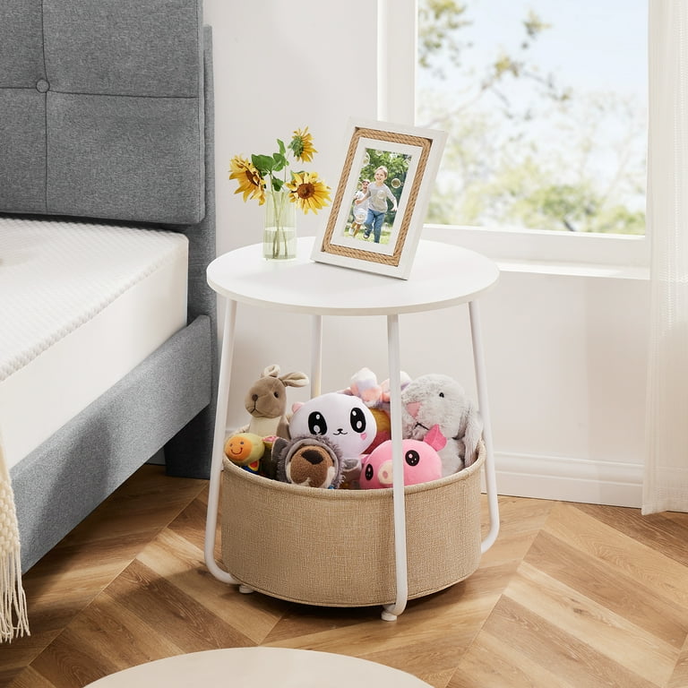 Small Round Side End Table For Living Room Modern Nightstand Bedside Table With Fabric Basket For Bedroom Nursery Side Table With Steel Frame