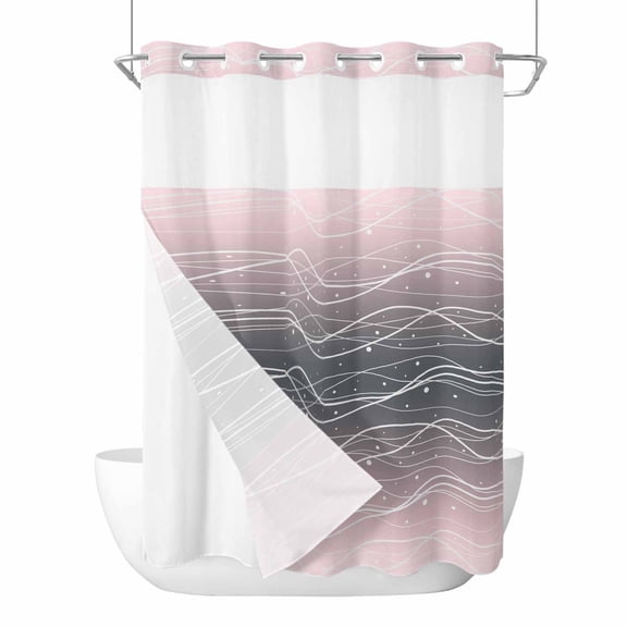No Hook Pink Black Ombre Shower Curtain with Snap in Liner Set, Modern Abstract Striped Polka Dots Waterproof Fabric Bathroom Curtains with See Through Top Window, Hotel Style Extra Long 72 x 96 Inch