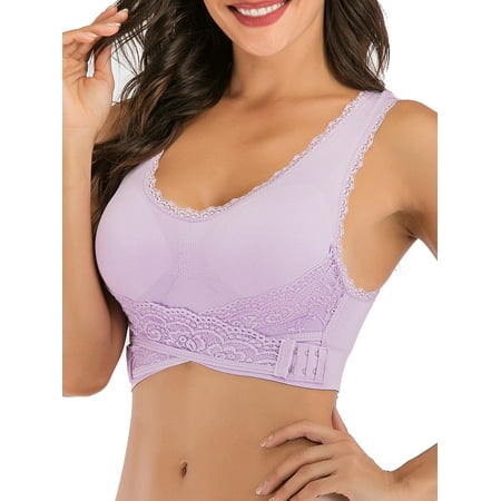 

FUTATA Sports Bras For Women Padded Lace Front Buckle Lace Post Op Bras Seamless Yoga Bras Activewear Tops For Running Workout Gym 1/3 Pack