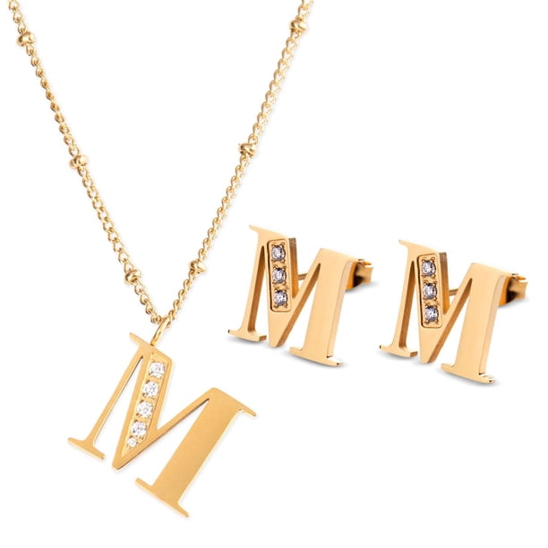 Juego Joyería Mujer, Collar Aretes Inicial Letras LuckyLy, Acero Inoxidable Baño de Oro 18k dorado UNITALLA