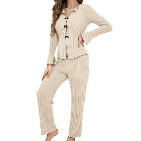 Jalioing Long Sleeve Lounge Set for Women Ribbed Button Down Tops and Long Pants Pajama Set 2 Piece Sleepwear Set