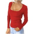 thumbnail image 1 of JUNWELL Women‘s Basic Square Neck Long Sleeve Solid Slim Fitted Ribbed T-Shirt Top Soft Comfy Tunic Tees Tops, 1 of 7