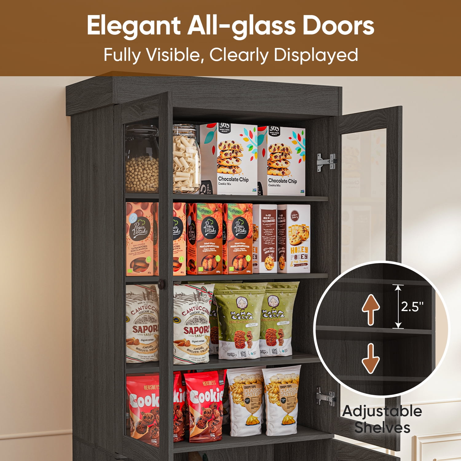 71" Tall Farmhouse Pantry Cabinet,Large Storage Cabinet with 4 Glass Doors,Kitchen Cabinets with Adjustable Shelves for Pantry,Dining Room,Living Room,Black,2 Pcs