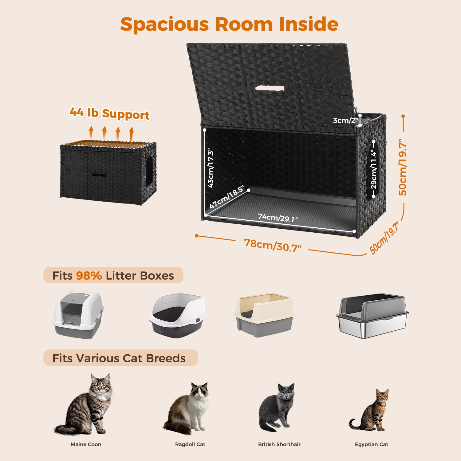 PEQULTI Rattan Cat Litter Box Enclosure Pet House with Taller Doorway for Large Cats Indoor Black