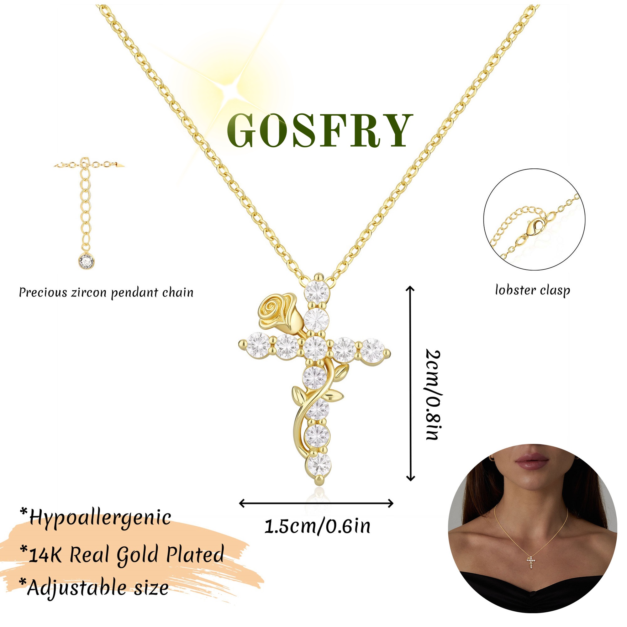 GOSFRY 14K Gold Plated Cross Pendant Necklace photo 5