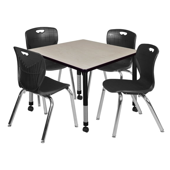 Regency Kee 36 in. Square Mobile Adjustable Classroom Table- Maple & 4 Andy 18 in. Stack Chairs- Black