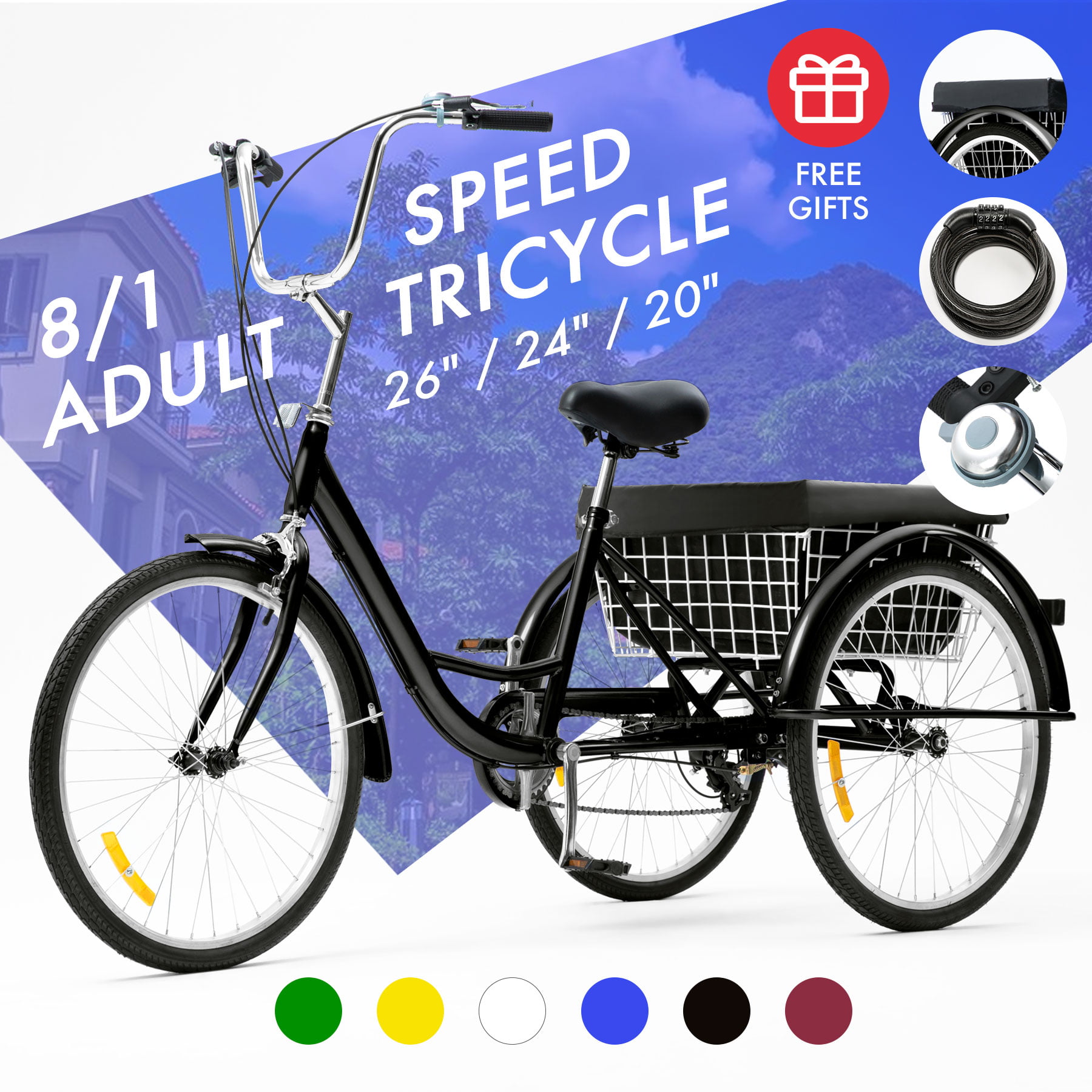 OU BEST CHOOSE 3 Wheel Adult Tricycle for Shopping Outdoor Picnic Sports Cruise Bicycle with Shopping Vegetable Basket Unique Gift 26 6 Speed Shift Trike Pedal Cycling Bike