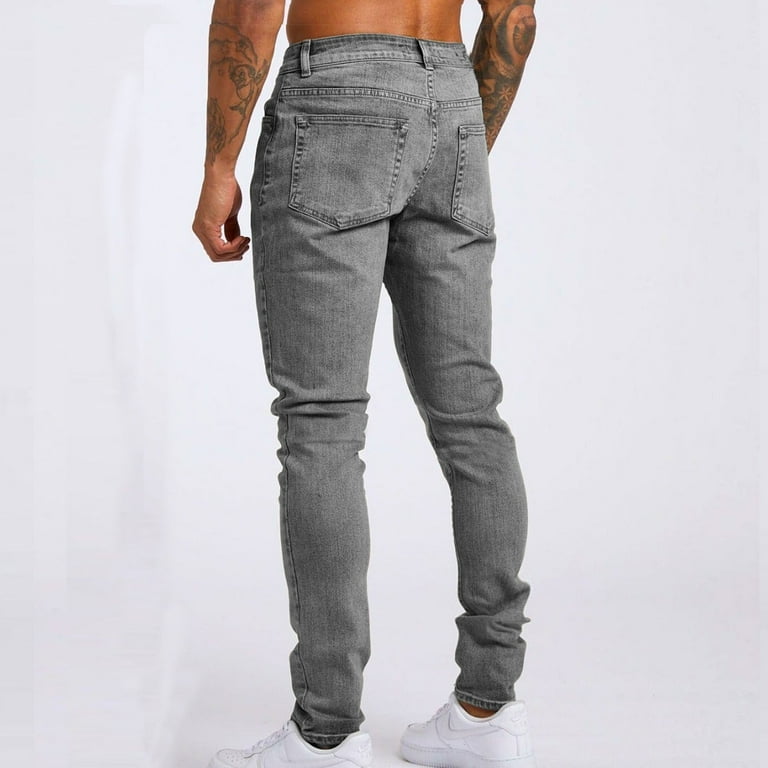 Stretch Jeans Mens Grey Ripped Jeans Slim Fit Jean High Waisted