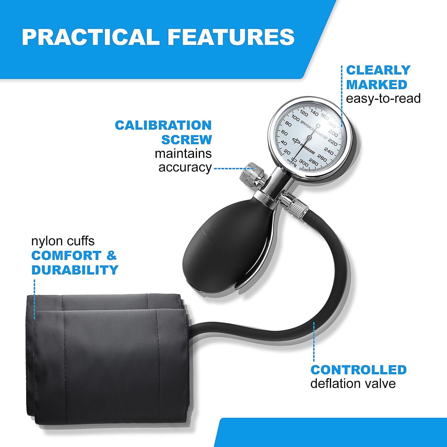 Primacare DS-9185 Aneroid Sphygmomanometer and Blood Pressure Cuff Set with Portable Case, 5 Sized Nylon Cuffs