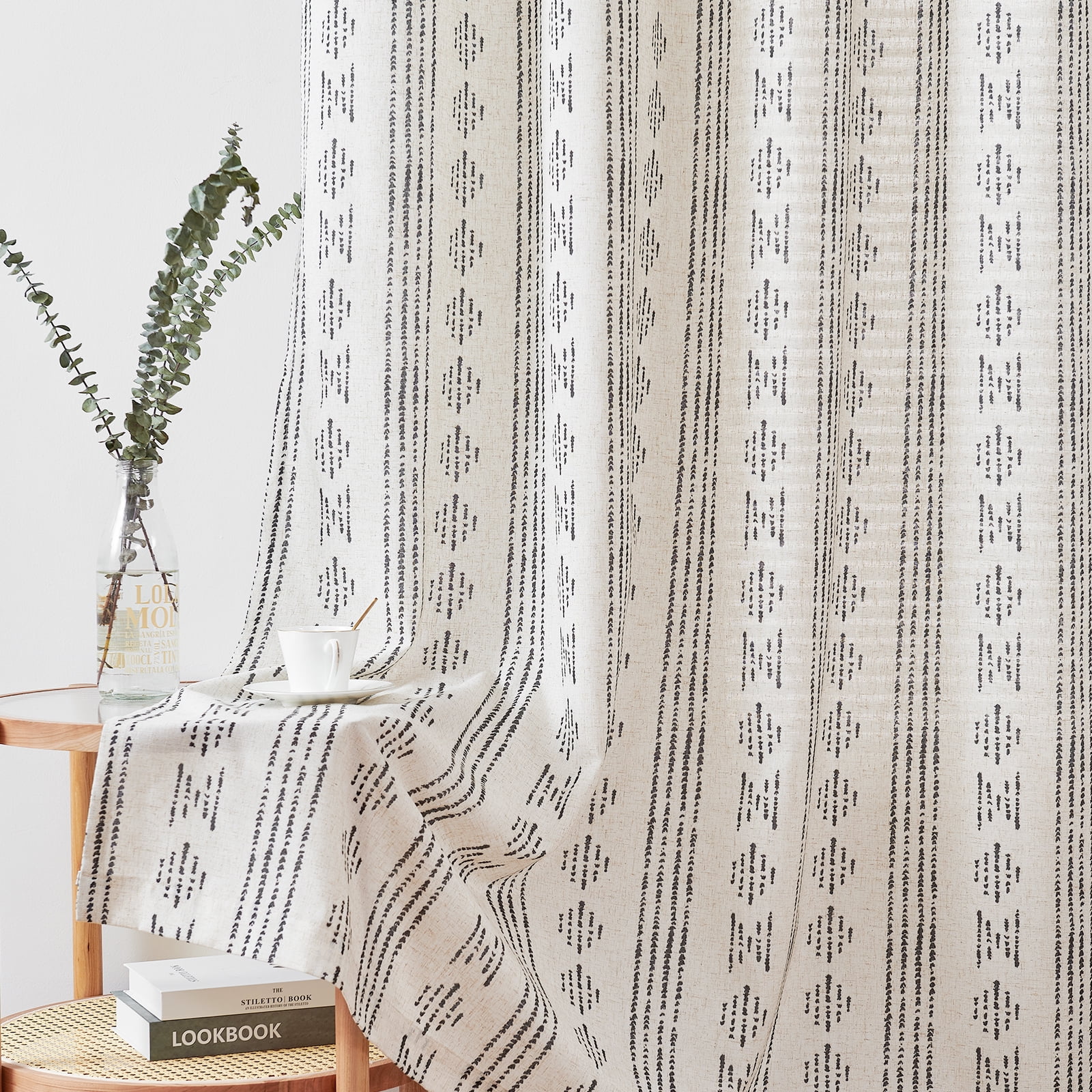 Curtainking Black Geometric Striped Curtains Light Filtering Linen Blend Farmhouse Boho Grommet Curtains for Living Room 52x84 Inch Set of 2
