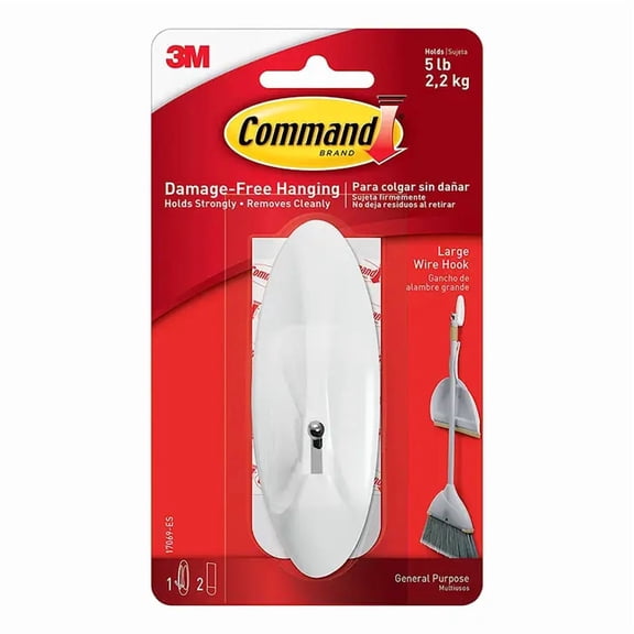 Command Wire Hook, White, Large, 1 Hook, 2 Strips/Pack
