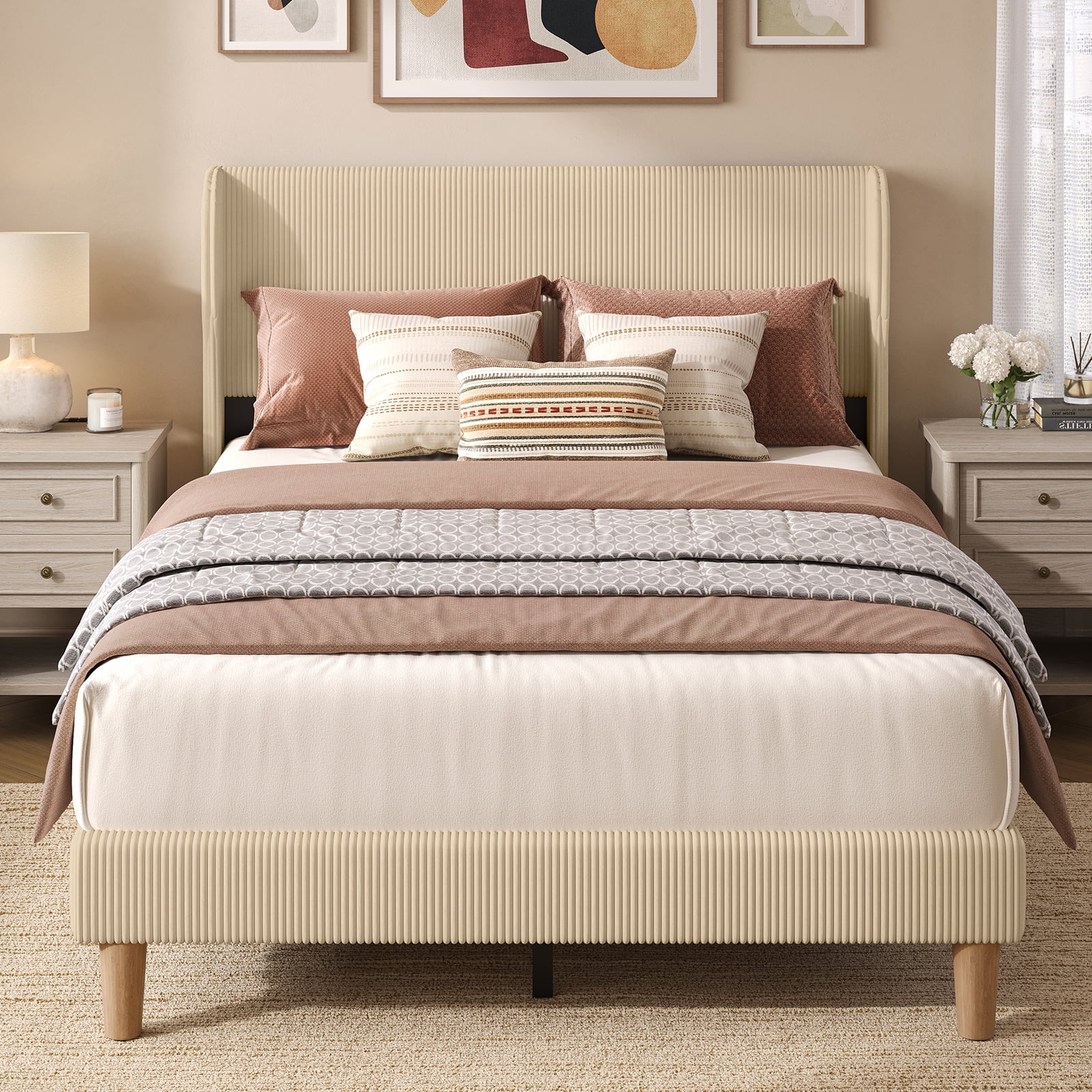 Bestier Full  Size Bed Frame with Wingback Headboard, Corduroy Upholstered Platform Bed with Wood Slats, No Box Spring Needed, Taupe