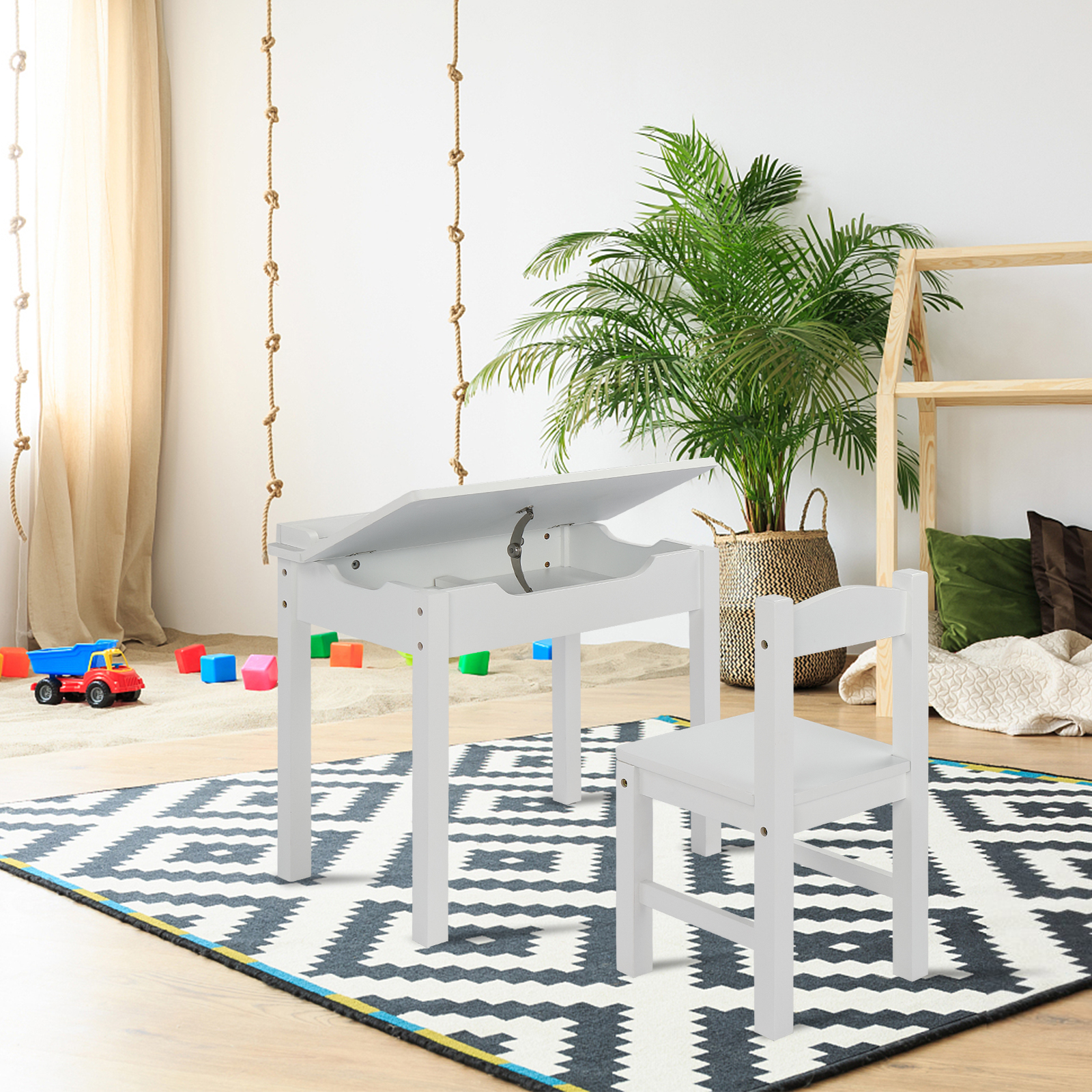 Flip Top Kids Table and Chair Set, White P2-Grade MDF Activity Desk with Storage Compartment, Ergonomic Study Play Set for Bedroom Playroom Age 3+