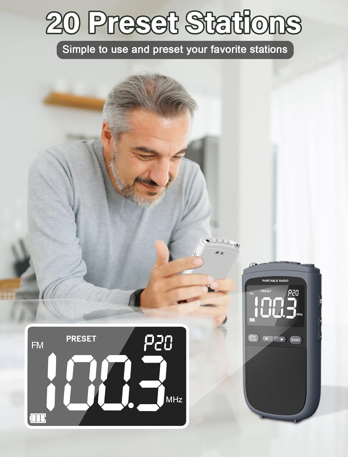 Greadio AM FM Walkman Radio, 900mAh Rechargeable Pocket Radio with Alarm Clock for Walking, Jogging