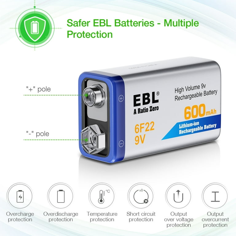 EBL 8-Pack 6F22 600mAh 9V Rechargeable Batteries Lithium-Ion Battery for  Controller 
