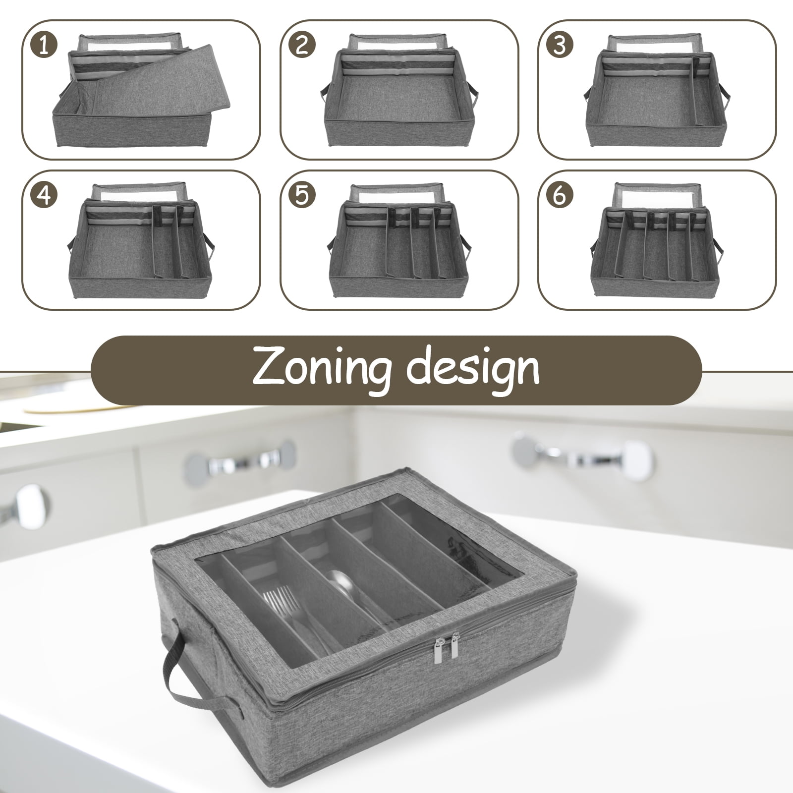 Flatware Organizer with Lid, Fabric Silverware Travel Container with Handles, 5-Compartment Cutlery Holder for RV Camping, Gray