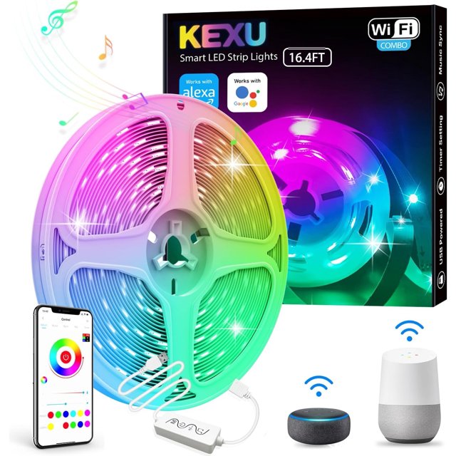 16.4ft Smart LED Strip Lights WiFi LED Lights Strip Work with Alexa and Google Assistant RGB 16 Million Colors with App Control and Music Sync LED Lights for Bedroom, Kitchen, TV, Party