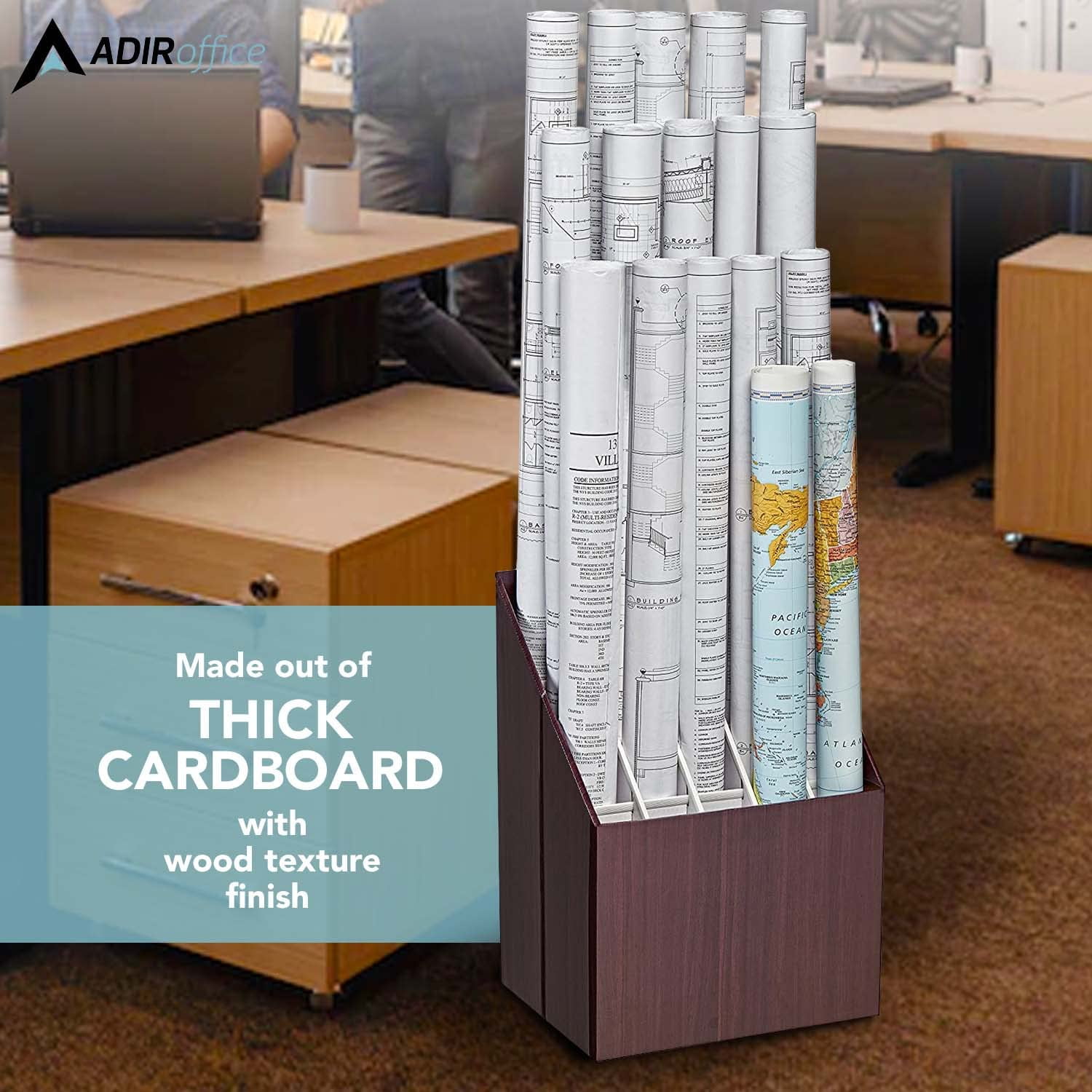 AdirOffice Blueprint Storage Bin Organizer - 20 Compartment Corrugated Cardboard Roll File Organizer, Brown
