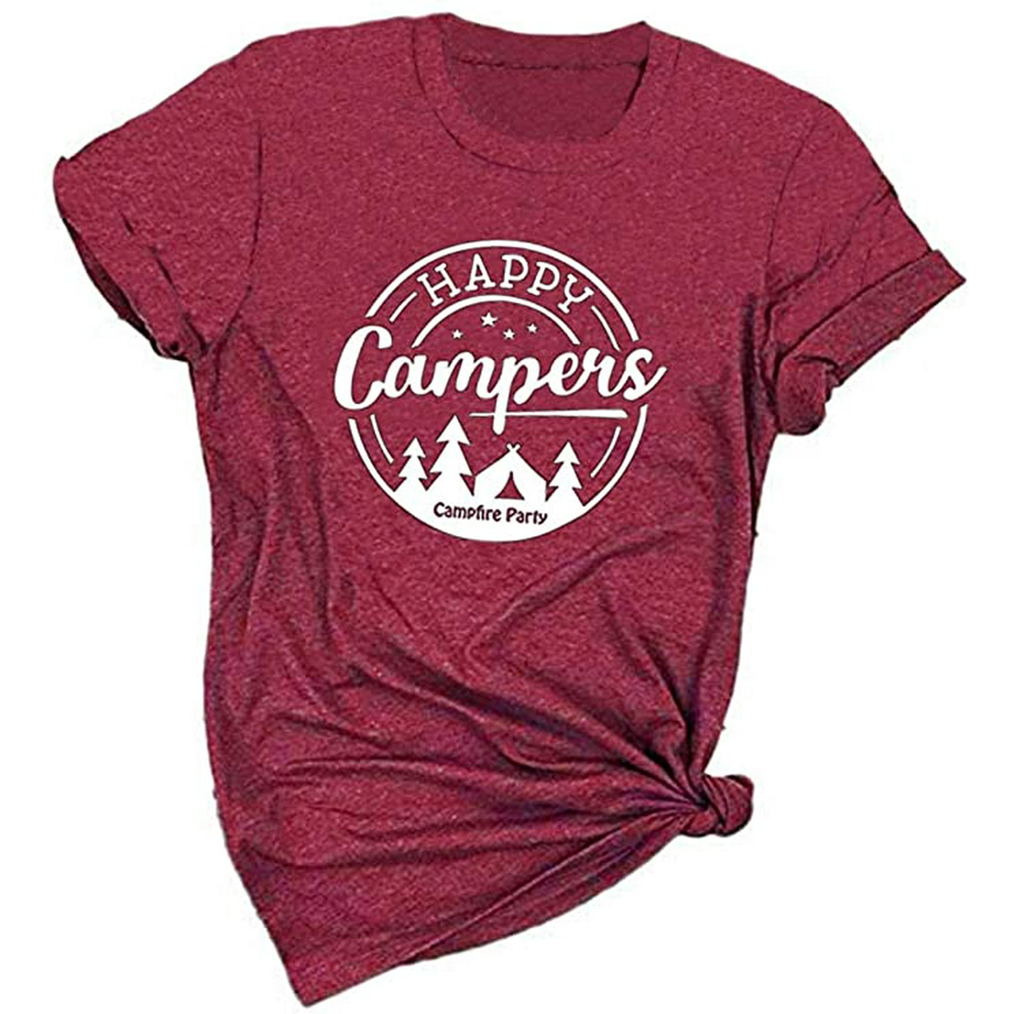 YourTops Women Happy Camper T-Shirt Camping Shirt (US 2XL, 3-Wine Red)
