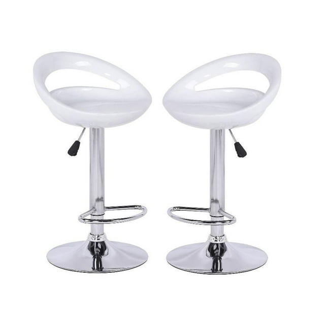 Pair of white shiny plastic adjustable stools with low backs, footrests, and chrome stainless steel bases suitable for kitchen or island seating.