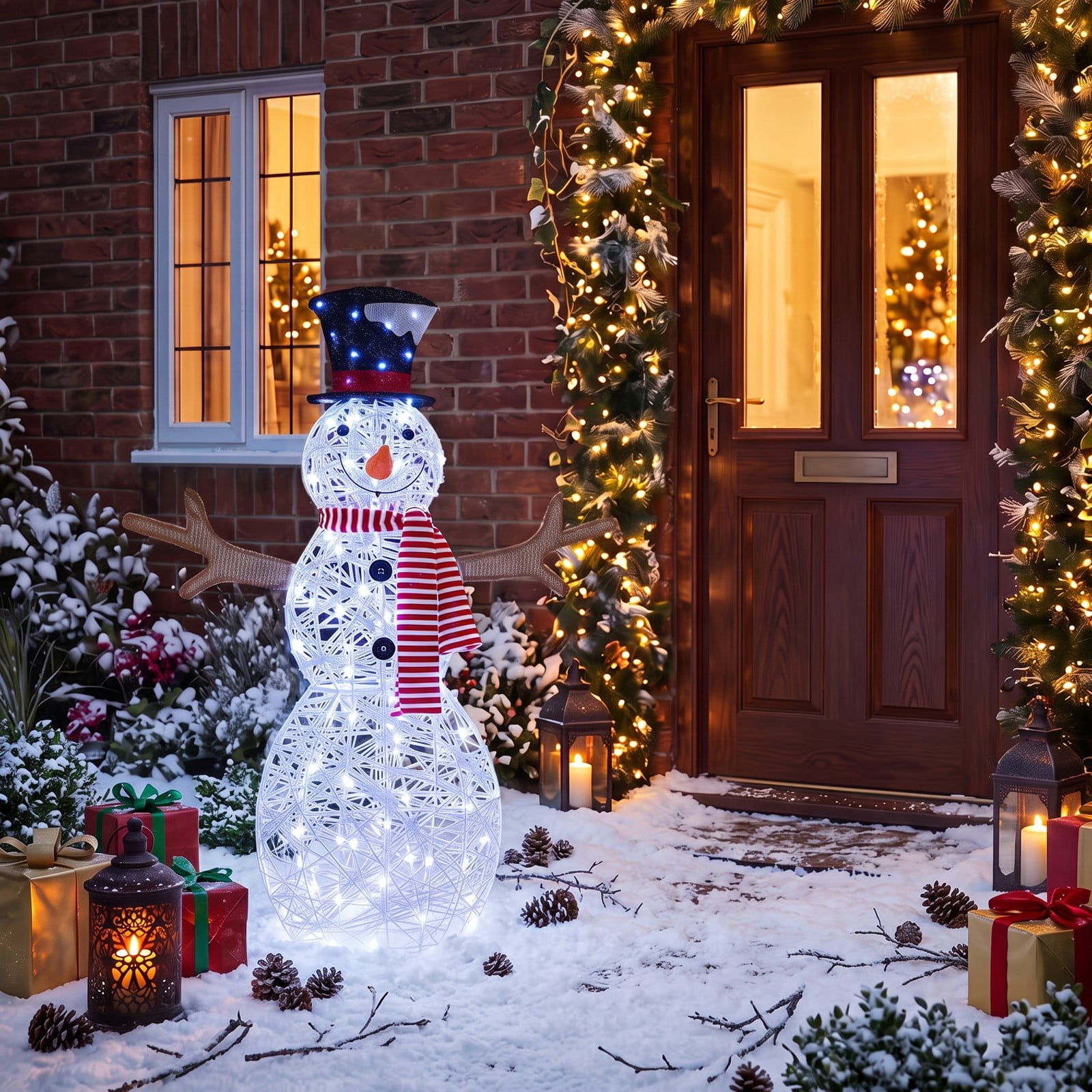 ALPULON Lighted Snowman Christmas Decoration with 80 Cold White LED Lights, Outdoor Waterproof Metal Frame Holiday Yard Decor with Ground Stakes, White