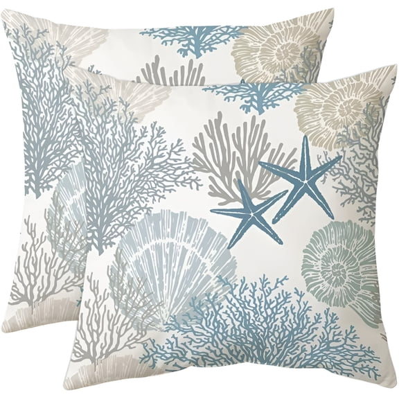 AUQ 2026 New 2Pcs,Nautical Coastal Throw Pillow Covers 20X20 Set of 2 Beach Themed Ocean Seashell Coral Starfish Velvet Couch Decorative Pillow Cases Outdoor Sofa Cushion Cover for Living Room